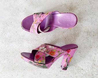 Vintage Shoes | GUCCI Flora Floral Canvas Pumps Mules Slides Sandals Heels Boho Bohemian Purple 90s | Size 36 EU / 5.5 US