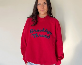 Vintage Sweatshirt | BROOKLYNTHREAD Raglan Pullover Sweatshirt Sweater Top Shirt College University Surfer 70s 80s Red Navy | Size L