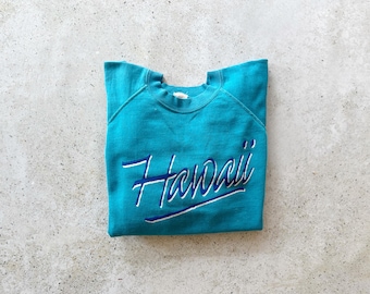 Vintage Sweatshirt | HAWAII Tropical Coastal Beach Ocean Nautical Bohemian Raglan Pullover Top Shirt Sweater Teal Blue Green | Size M