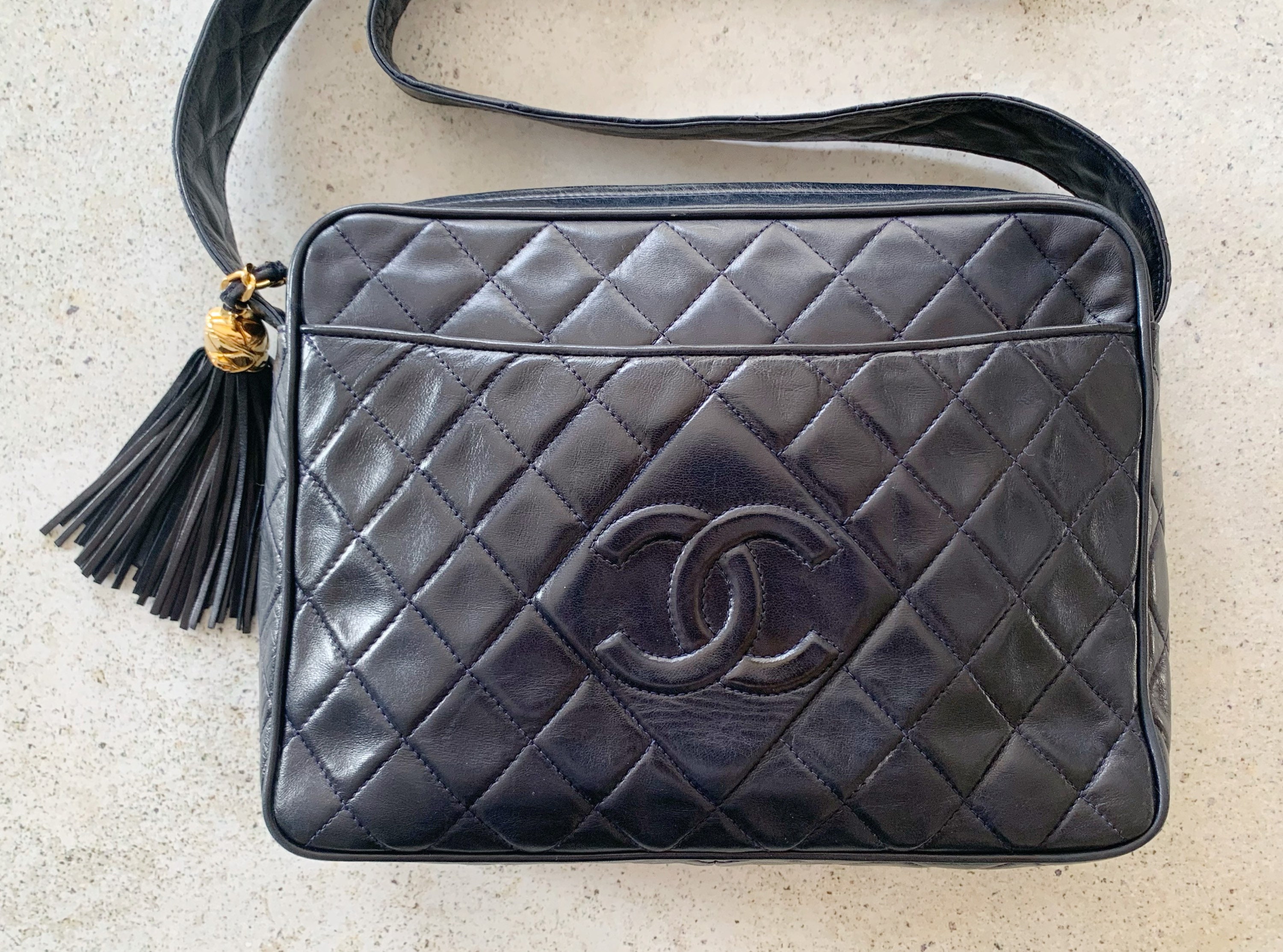 Vintage Bag  CHANEL CC Logo Quilted Camera Shoulder Bag Purse Lambskin  Leather 80's 90's Navy Blue Gold