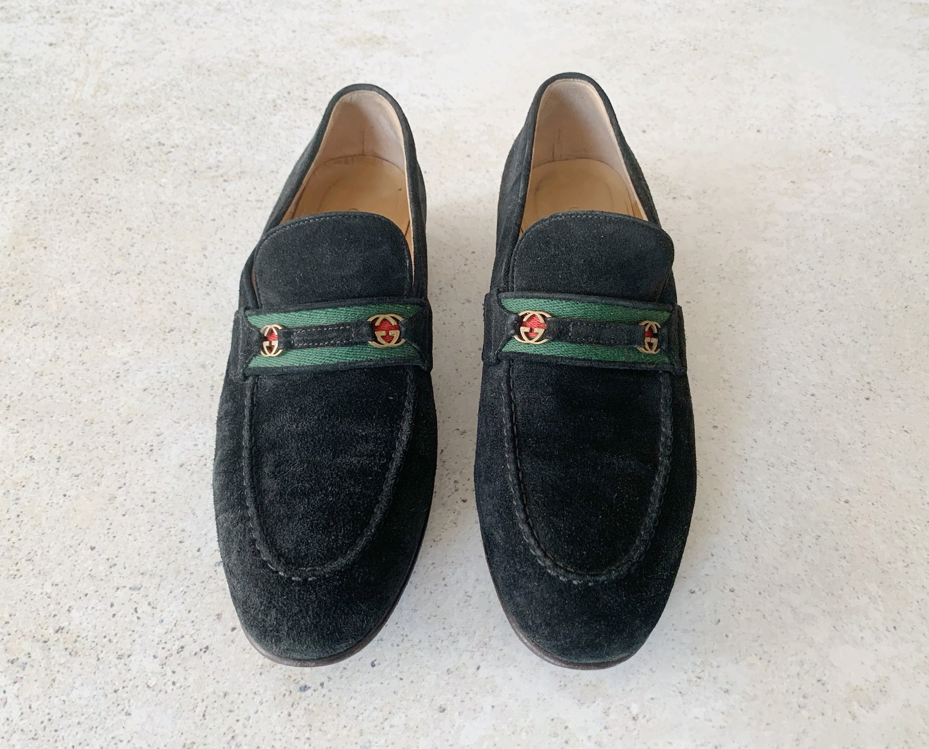 Vintage Shoes | GUCCI GG Logo Monogram Black Suede Green Red Loafers ...