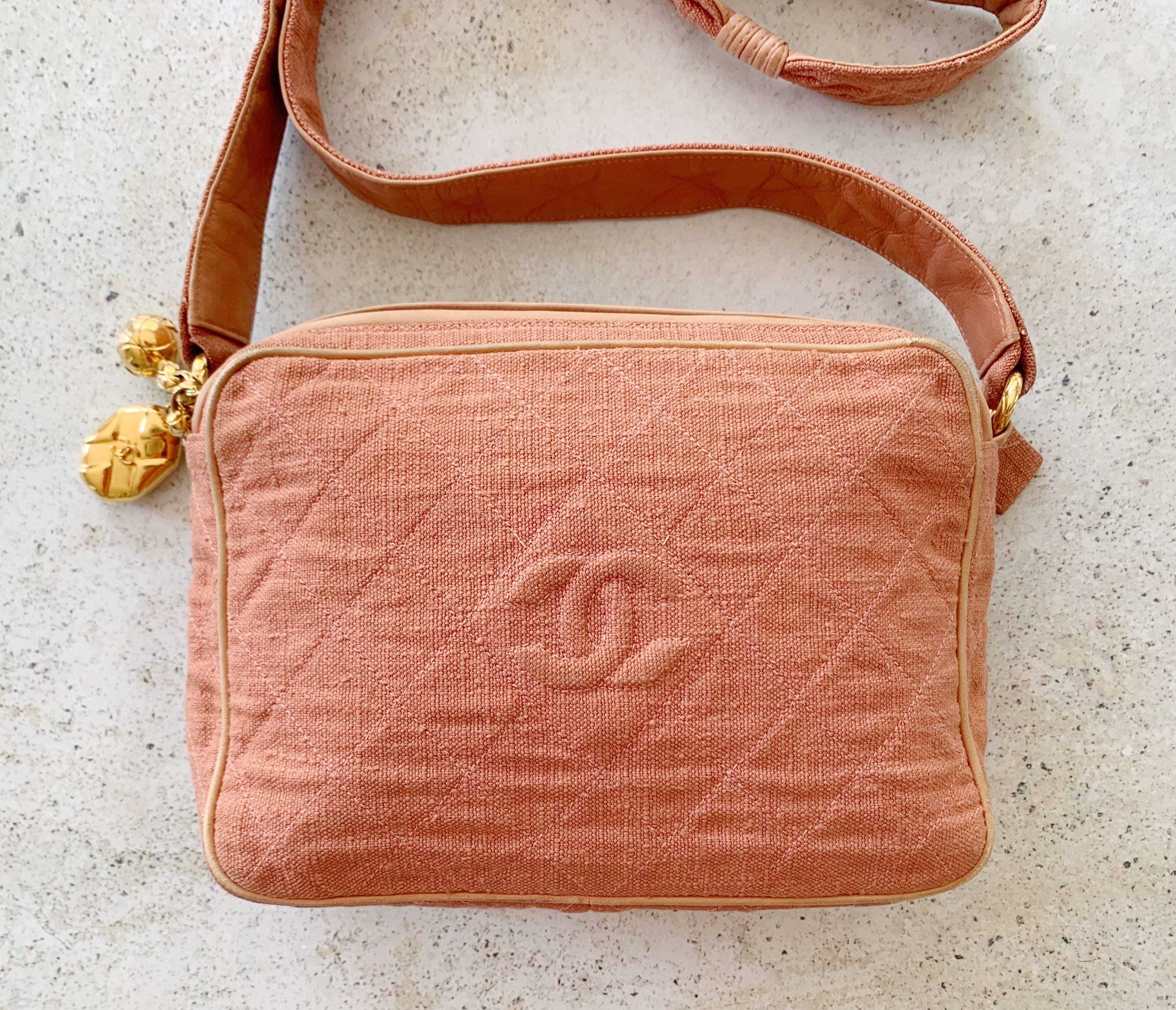 Vintage Bag  CHANEL Quilted Camera Matelasse Cotton Linen