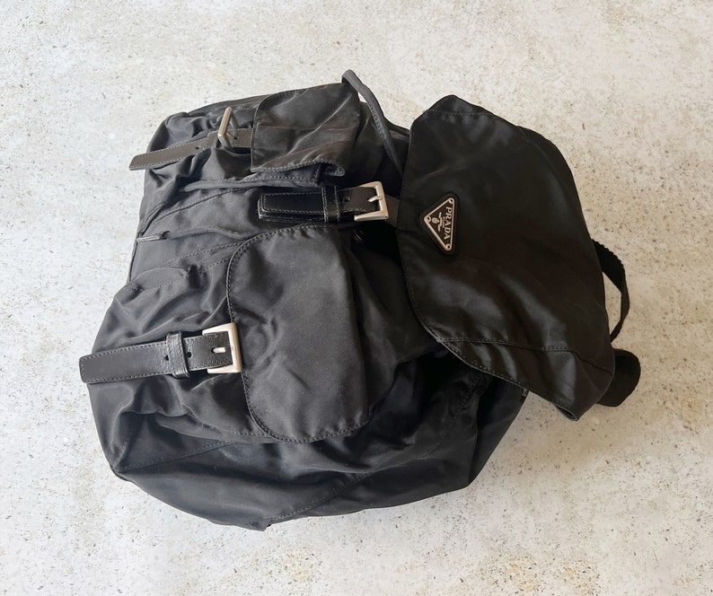 Vintage Bag PRADA Tessuto Backpack Full Size Shoulder Bag Purse 90s Black image 5