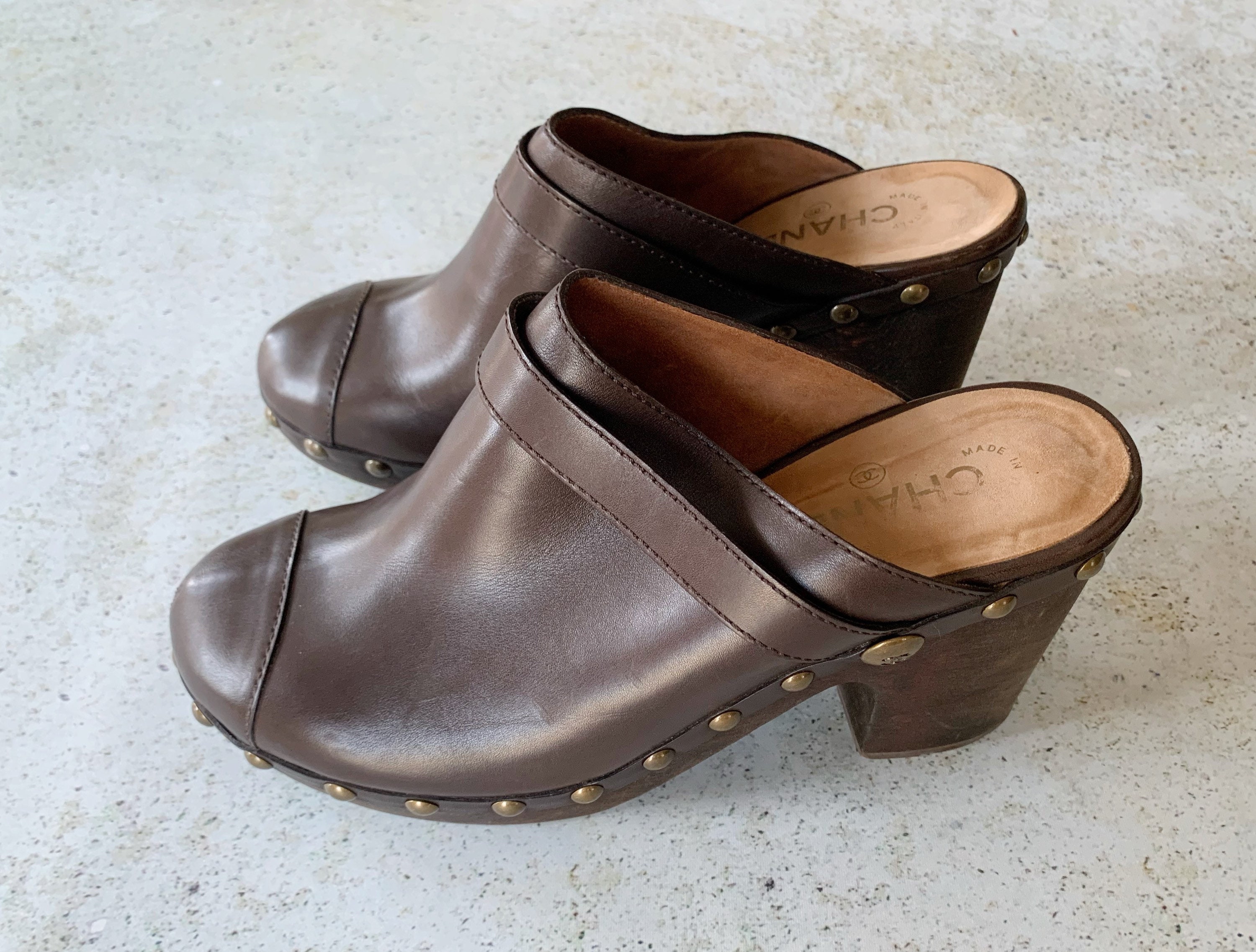 CHANEL Leather Studded Clogs 38 Brown 23446