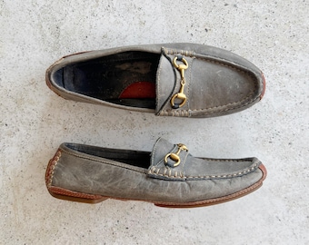 Vintage Shoes | GUCCI Horsebit Women’s Leather Driving Loafers Blue Gray Brass Gold | Size 7.5 US