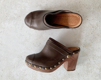 Vintage Shoes | CHANEL Clogs Mules Slides Brown Leather Brass Boho Bohemian | Size 37 EU / 6 - 6.5 US