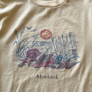 Vintage T-Shirt MONTAUK Long Island NY Beach Coastal Surf Nautical Graphic Tee Yellow 70s 80s Size M image 3