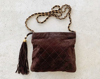 Vintage Bag | CHANEL Quilted Matelasse Suede Crossbody Shoulder Bag Chain Strap 80’s 90’s Chocolate Brown Gold