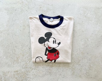 Vintage T-Shirt | MICKEY MOUSE Disney Cartoon Ringer Graphic Tee Top Shirt Pullover White 70's 80's | Size M/L