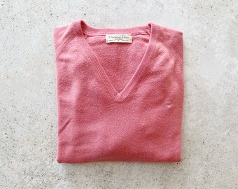 Vintage Sweater | DIOR Woven Pullover Top Shirt Sweater V-Neck Unisex 80’s 90’s Pink Dusty Rose Mauve | Size L