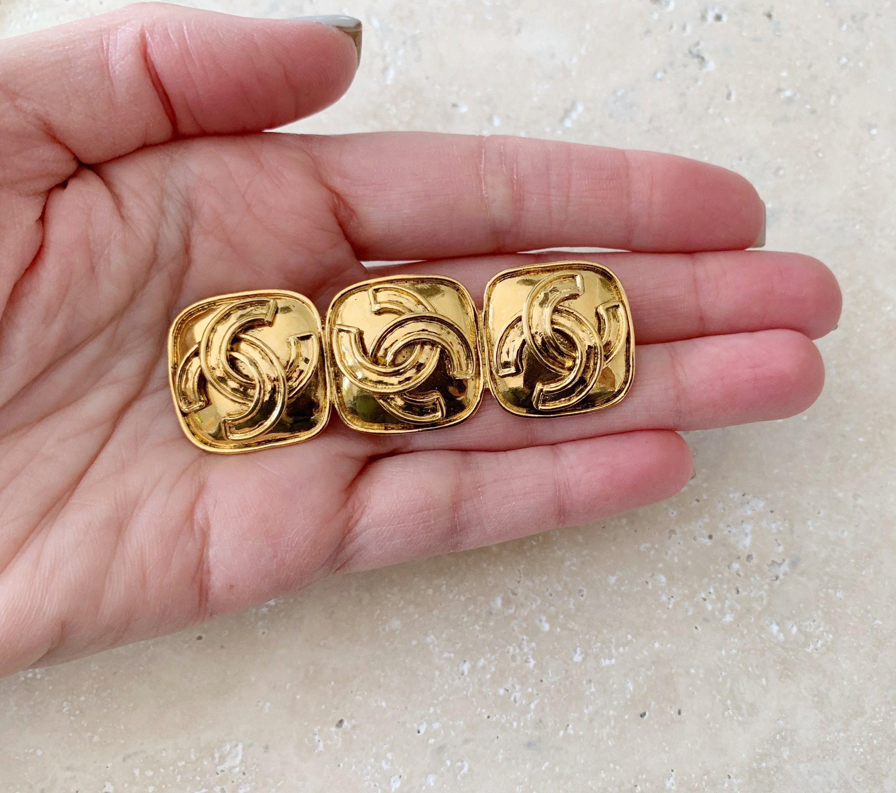 Vintage Brooch CHANEL Triple CC Gold Brooch Pin 80’s
