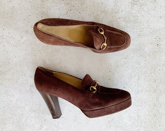 Vintage Shoes | GUCCI Horsebit Suede Loafers Pumps Heels Brown Brass | Size 39.5 EU / 8.5 - 9 US