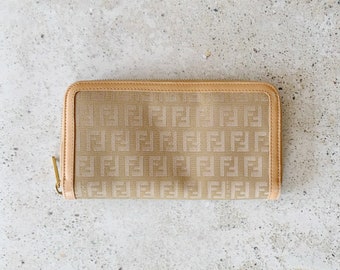 Vintage Wallet | FENDI FF Logo Monogram Zucchino Zucca Clutch Bag Pouch Neutral Tan Beige Khaki 90’s