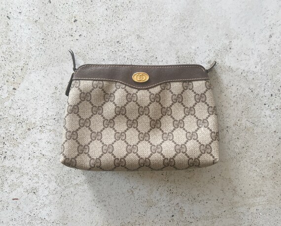 Vintage Bag GUCCI GG Logo Monogram Pouch Clutch Classic 80s Brown