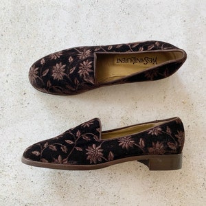 Vintage Shoes | YSL Yves Saint Laurent Loafers Slipons Floral Embroidered Velour Brown 90&#39;s | Size 8.5 US