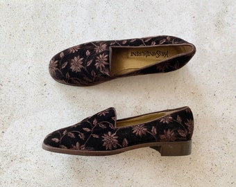 Vintage Shoes | YSL Yves Saint Laurent Loafers Slipons Floral Embroidered Velour Brown 90's | Size 8.5 US