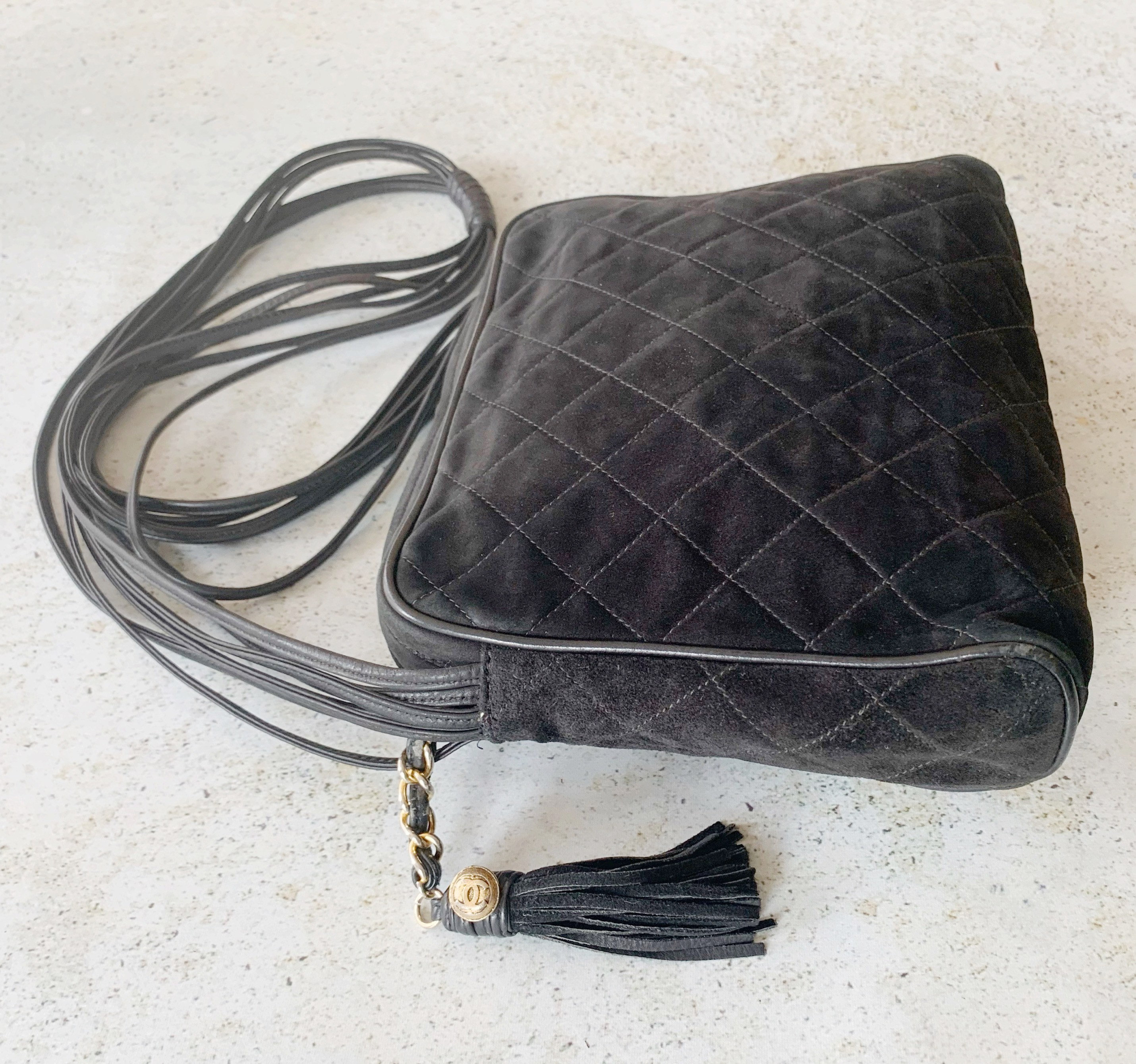 Chanel Vintage Black Suede Bag Leather Tassel & Chain Strap