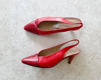 Vintage Shoes | GUCCI Heels Pumps Slingback Leather Lizard Red 70s 80s | Size 37 EU / 6.5 - 7 US