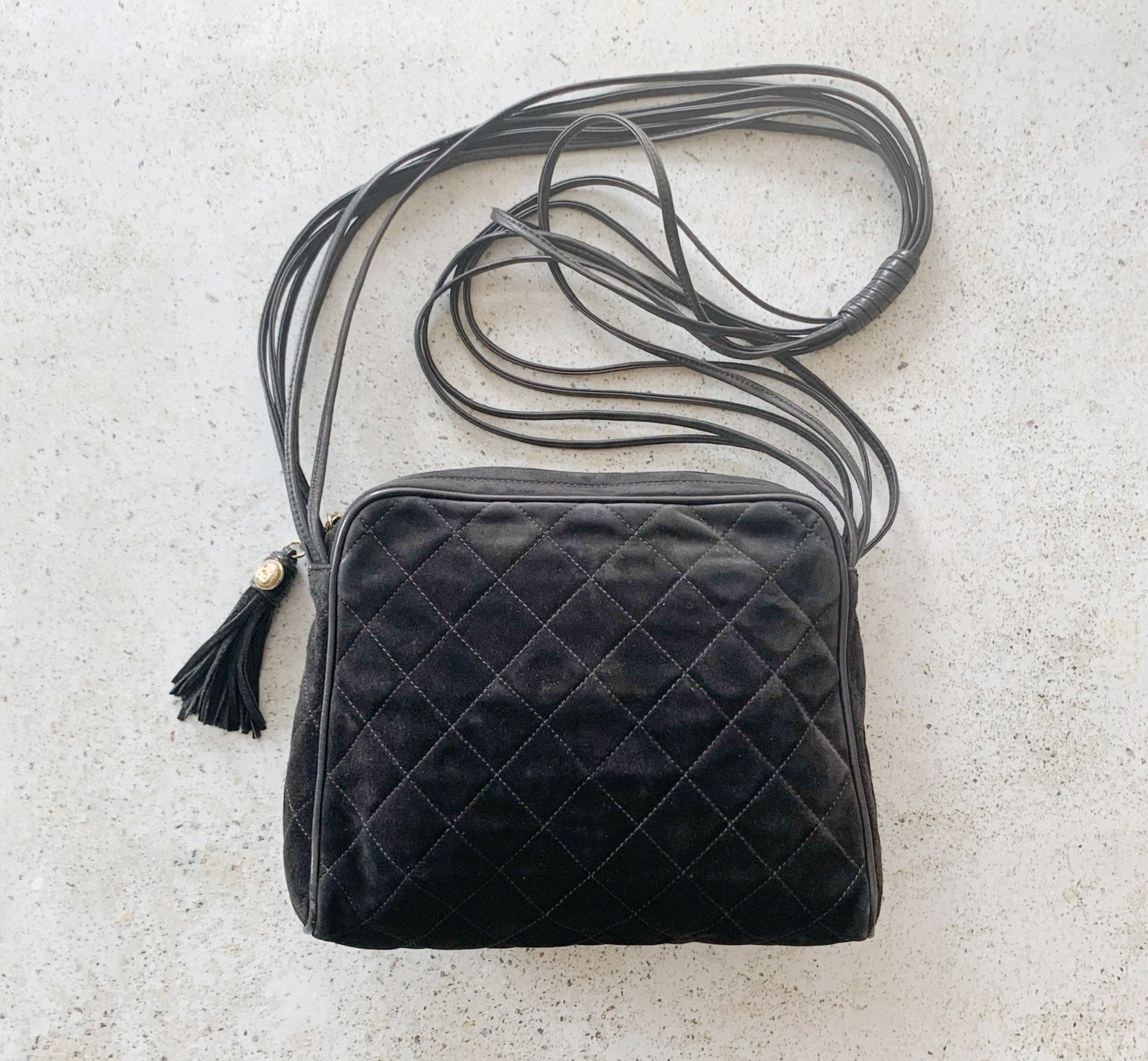 Vintage Bag | CHANEL Quilted Logo CC Suede Shoulder Crossbody Bag Purse Leather Suede Black Vintage Bag | CHANEL Quilted Logo CC Suede Shoulder Crossbody Bag Purse Leather Suede Black