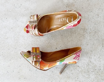 Vintage Shoes | DIOR Floral Logo Canvas Peep Toe Heels Pumps Sandals Slides Mules Tan Beige 90's | Size 37 EU / 6.5 - 7 US