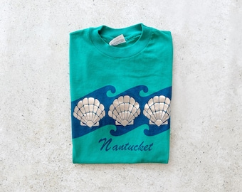 Vintage T-Shirt | NANTUCKET Beach Ocean Coastal Seashells Pullover Top Tee 80’s 90’s Teal Green | Size XS/S