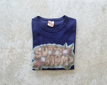 Vintage T-Shirt | SUPER MOM Ringer Tee Graphic Shirt Spray Paint Navy Blue | Size S