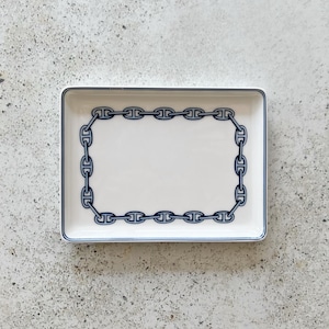 Vintage Dish | HERMÈS Paris Logo Monogram Porcelain Chain Link Trinket Catch-All Dish Plate Bowl White Blue 80’s 90’s