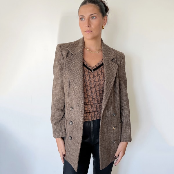 Vintage Jacket | CELINE Wool Blazer Jacket Coat Boho Bohemian Brown Beige Tan Neutral | Size 38 EU