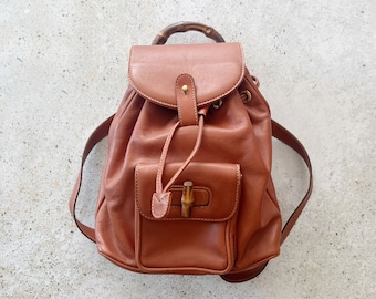 Vintage Bag | GUCCI GG Bamboo Leather Mini Backpack Satchel Clutch Shoulder Bag 80’s 90’s Streetwear Brown Tan Beige Sand Camel Gold