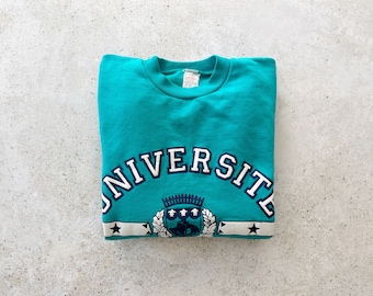 Vintage Sweatshirt | UNIVERSITE PARIS Sorbonne France Graphic Pullover Top Shirt Sweater College University Teal Green 80’s 90’s | Size L/XL