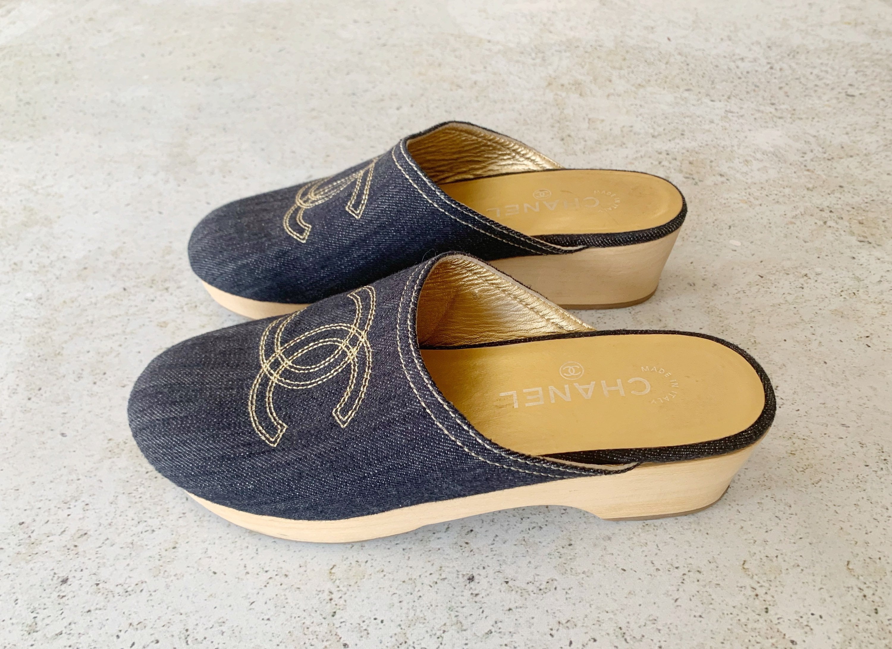 Chanel Blue Denim CC Logo Wooden Clogs Size 9.5/40 - Yoogi's Closet