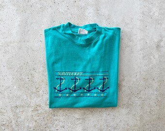 Vintage T-Shirt | NANTUCKET Island Beach Coastal Ocean Waves Surf Vacation Graphic Tee Top Shirt Pullover Teal Blue Green | Size M