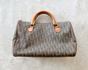 Vintage Bag | DIOR Trotter Logo Monogram Boston Bag Purse Satchel Duffel Travel 80's 90’s Neutral Tan Beige Brown Boho Bohemian