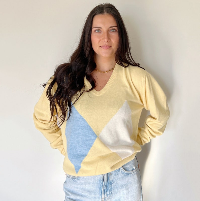 Vintage Sweater DIOR Knit V-Neck Pullover Sweater Top Designer Spring 80s 90s Yellow Size M/L image 1