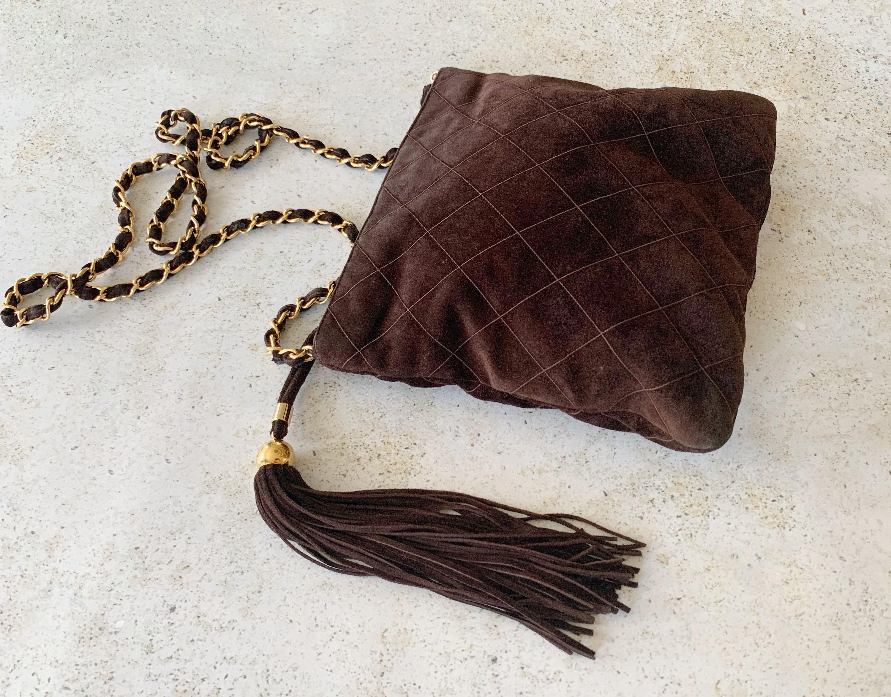 chanel Brown Quilted Suede Fringe Tassle Round Clutch with Chain Bag  16ccs120