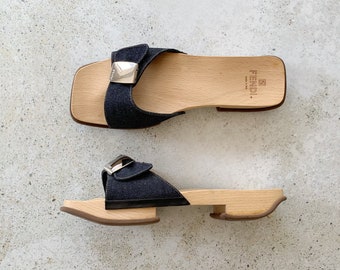 Vintage Shoes | FENDI Mules Slides Sandals Clogs 90’s Denim Wood | Size 39.5