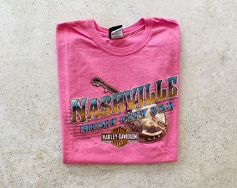 Vintage T-Shirt | HARLEY DAVIDSON Nashville Tennessee Pullover Top Shirt Graphic Tee Music Motorcycle Biker Pink Black | Size M/L