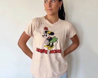 Vintage T-Shirt | MINNIE MOUSE Disney Cartoon Graphic Distressed Tee Top Shirt Pullover 70’s Tan Beige | Size S/M