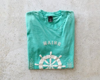 Vintage T-Shirt | MAINE Coastal Nautical Beach Shirt Top Green Blue | Size S