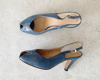 Vintage Shoes | GUCCI Peep Toe Pumps Sandals Heels Shoes Blue Leather 70’s 80’s | Size 37 EU / 6 - 6.5 US