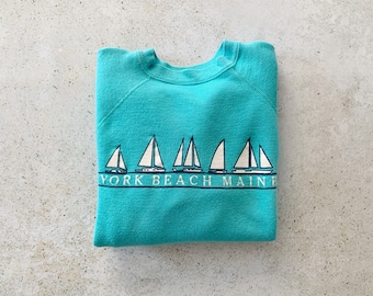 Vintage Sweatshirt | MAINE York Beach 80’s Raglan Pullover Top Shirt Sweater Coastal Beach Nautical Sailing Teal Turquoise | Size M