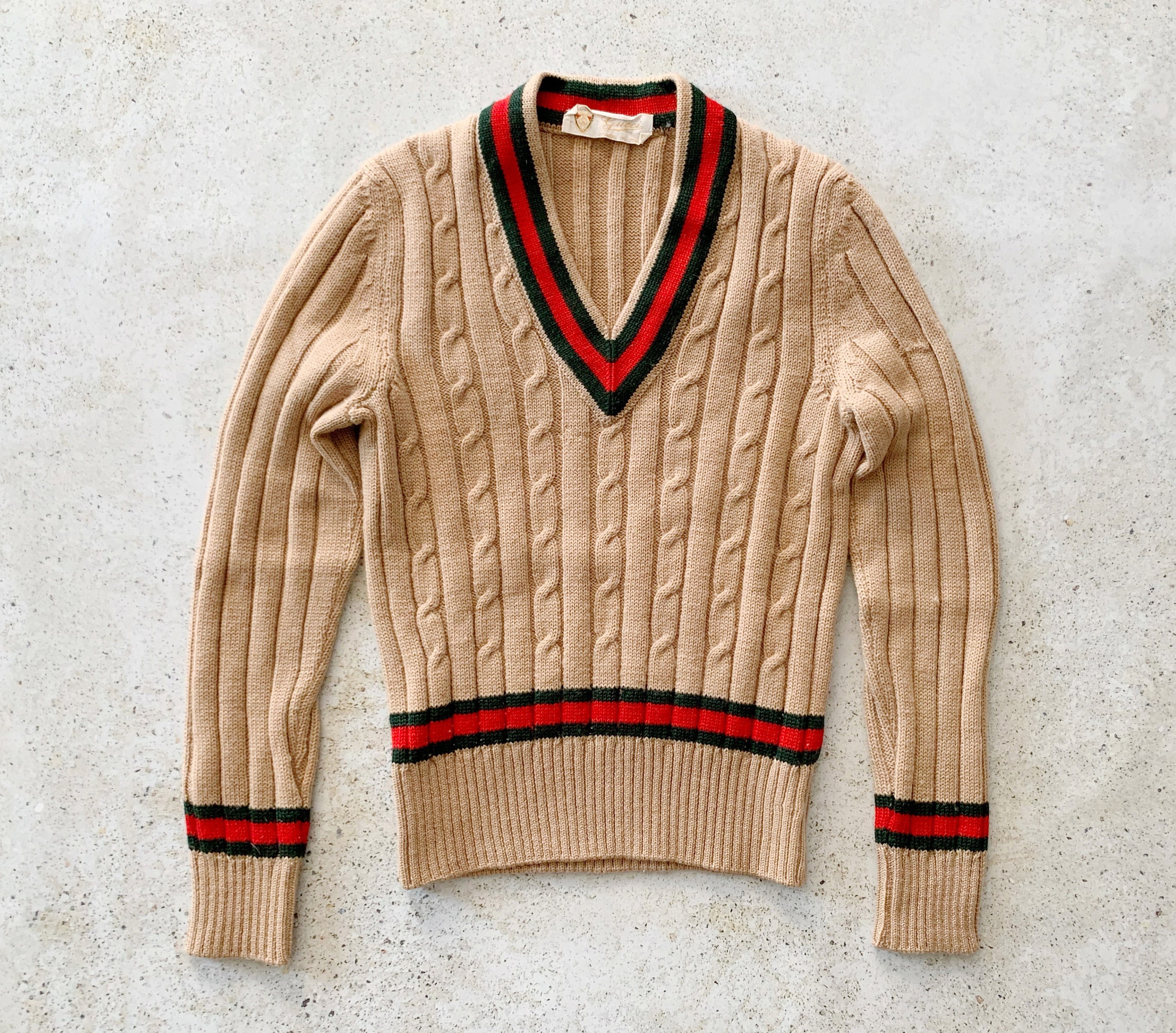 Vintage Sweater GUCCI Classic Cable Knit VNeck 80’s 90’s Tan Beige