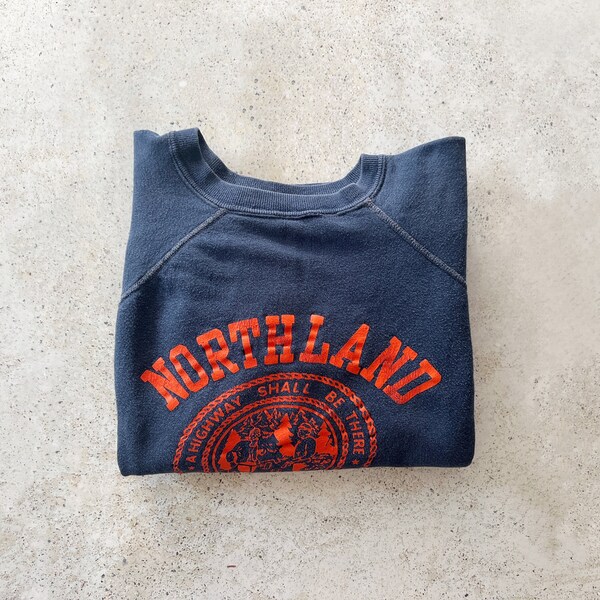 Vintage Sweatshirt | NORTHLAND UNIVERSITY College Faded Distressed Raglan Pullover Top Shirt Sweater 70’s Navy Blue | Size S/M