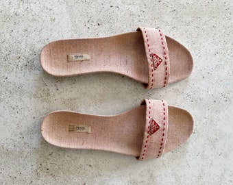 Vintage Shoes | PRADA Sandals Mules Slides Logo Twill Classic 90’s Red Beige Tan Cream | Size 40 EU / 9.5 - 10 US