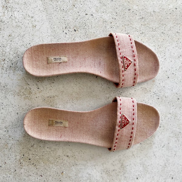 Vintage Shoes | PRADA Sandals Mules Slides Logo Twill Classic 90’s Red Beige Tan Cream | Size 40 EU / 9.5 - 10 US