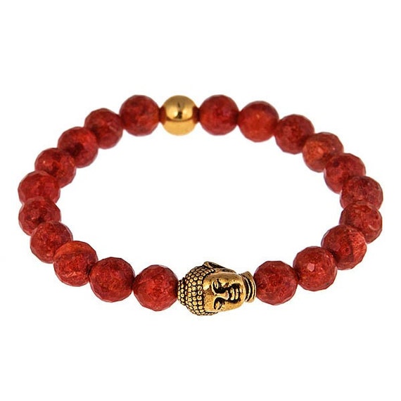 Items similar to Gold Buddha Red Coral Bead Bracelet on Etsy