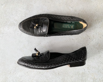Vintage Shoes | GUCCI Logo Monogram Women’s Woven Madras Leather Tassel Loafers Black 70’s 80’s | Size 42.5 EU / 11 - 11.5 US