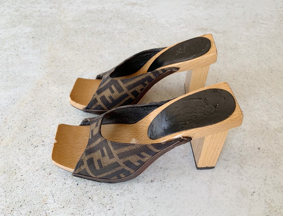 Vintage Shoes FENDI Zucca FF Monogram Wood Mules Size 7 US