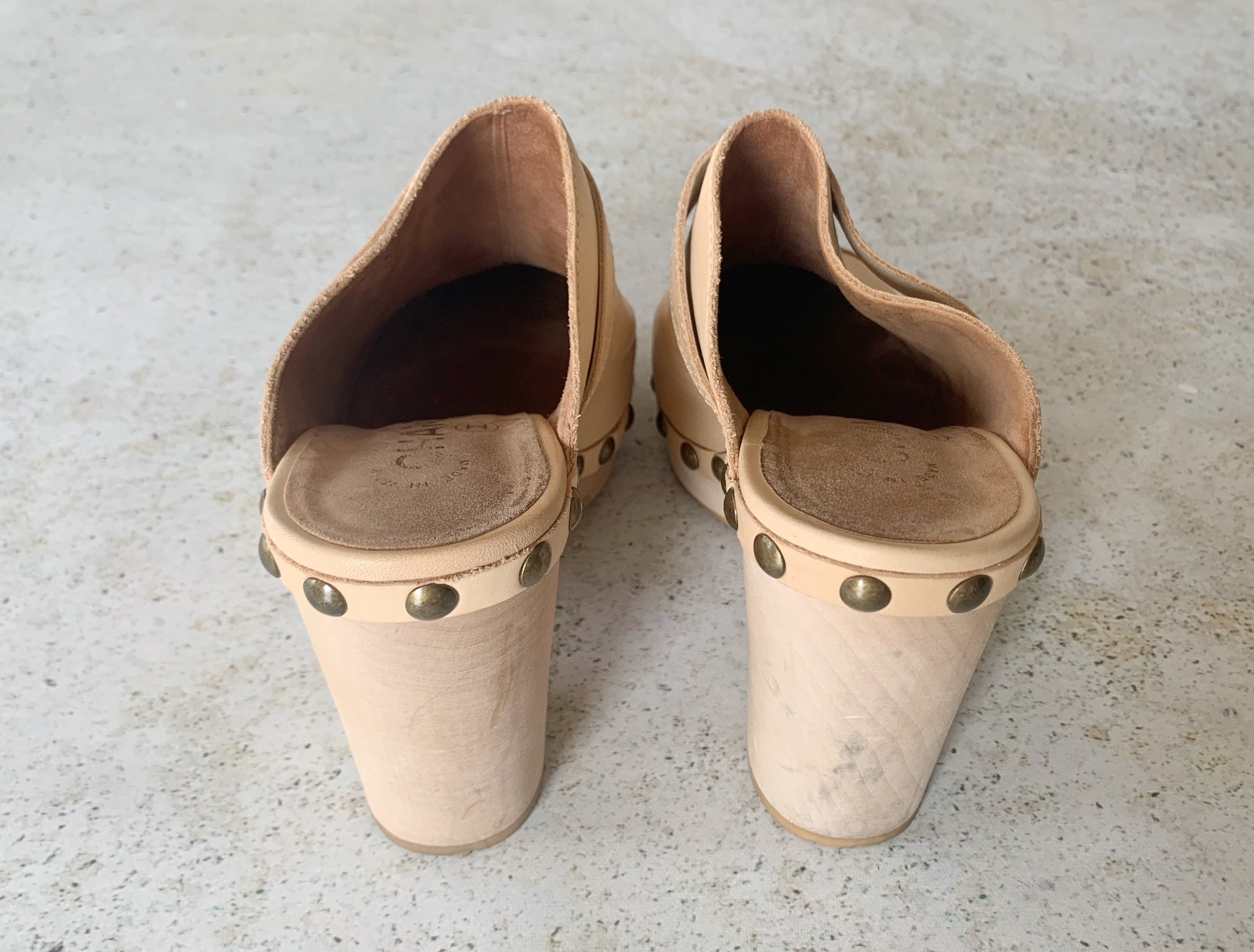 Vintage Shoes, CHANEL Leather Wood Clogs Logo 90's Tan Beige Cream Natural  Brass