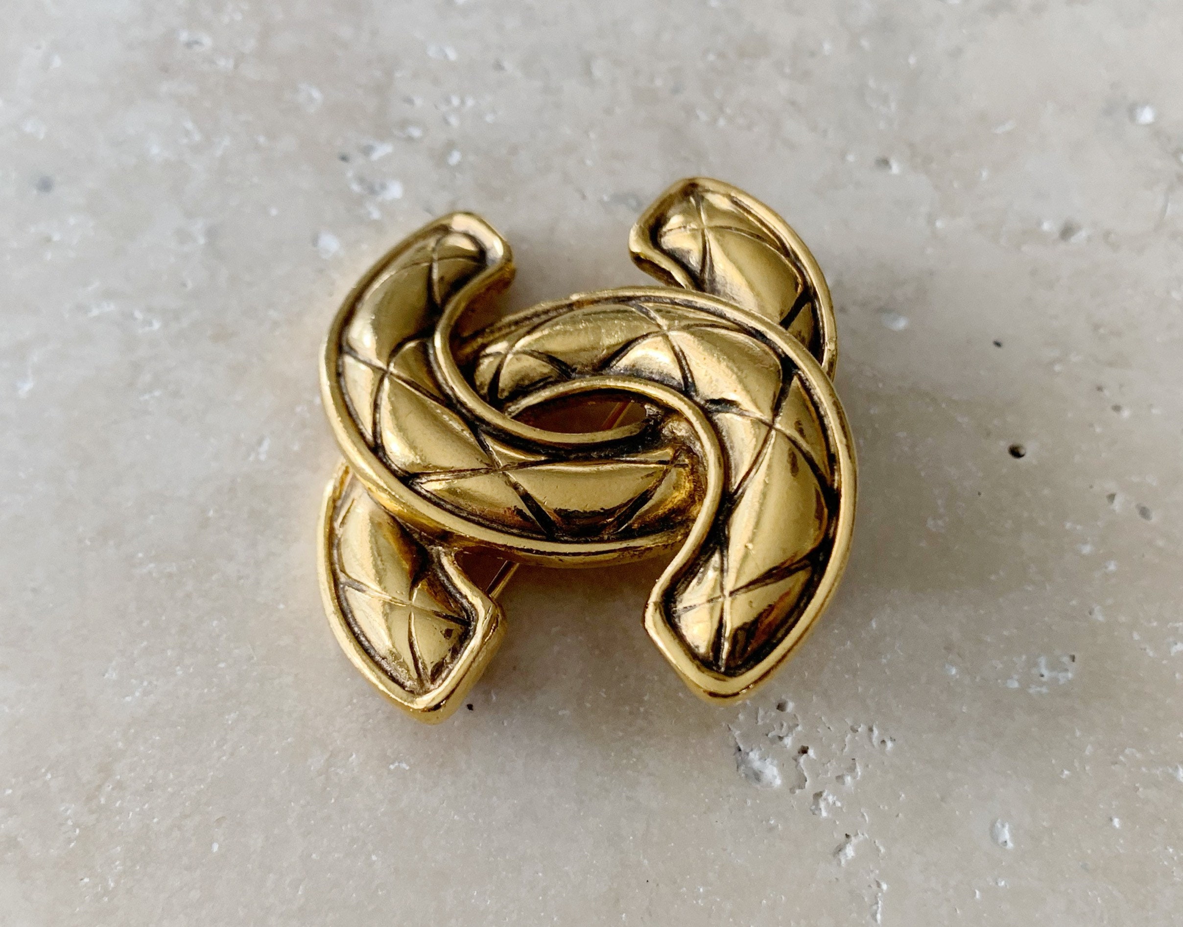 Vintage Brooch CHANEL CC Logo Monogram Quilted Brooch Pin 